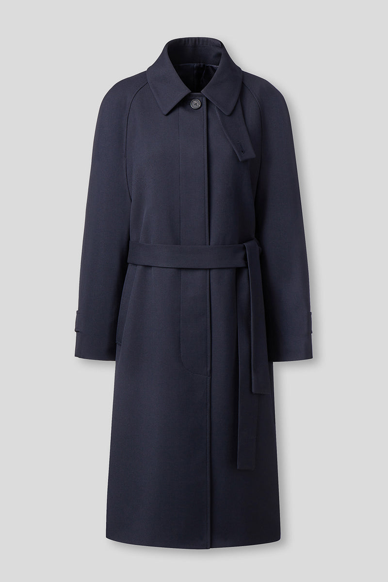 EDUARDO Trench Coat Women's Single-Breasted Belted Wool Blend with a Detachable Shirt Collar Flap- Dark Navy