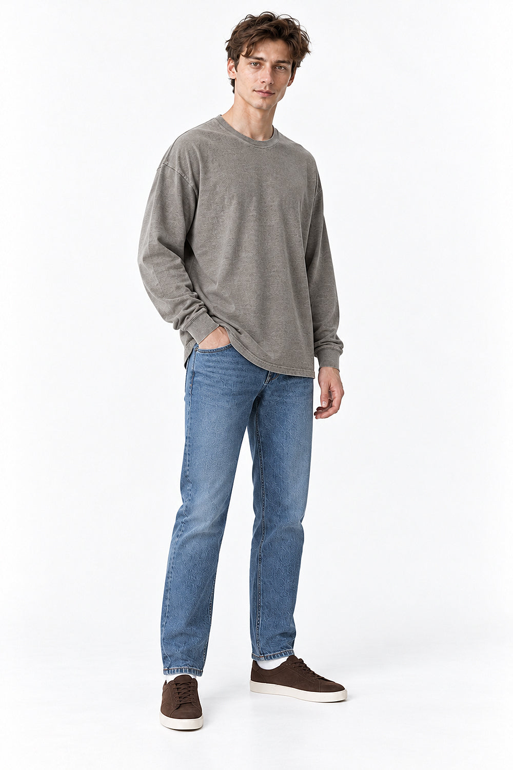 Men’s Oversized Pigment-Dyed Long-Sleeve T-Shirt with Ribbed Cuffs