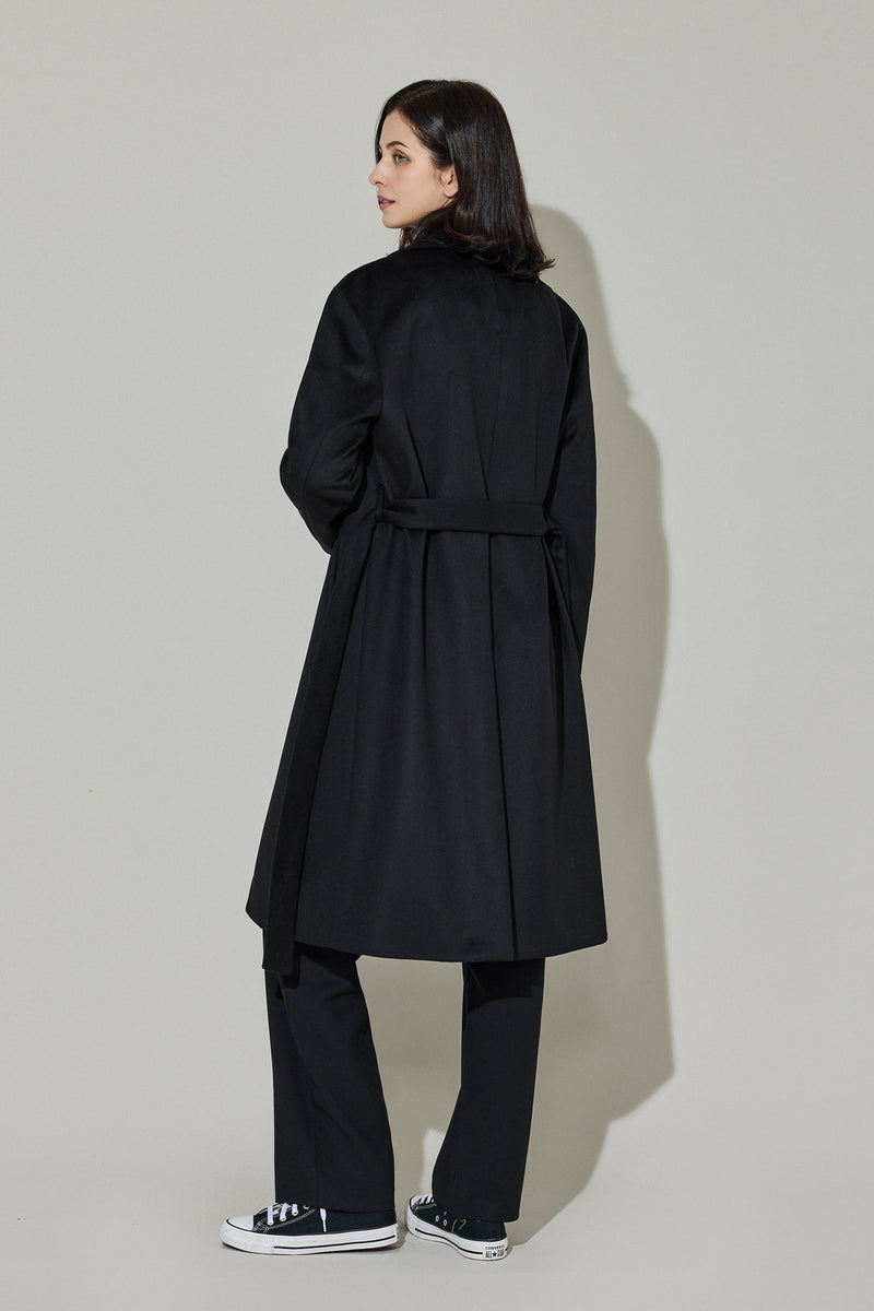 EDUARDO Women Belted Wool-Cashmere Single-Breasted Mac Balmacaan Long Coat.