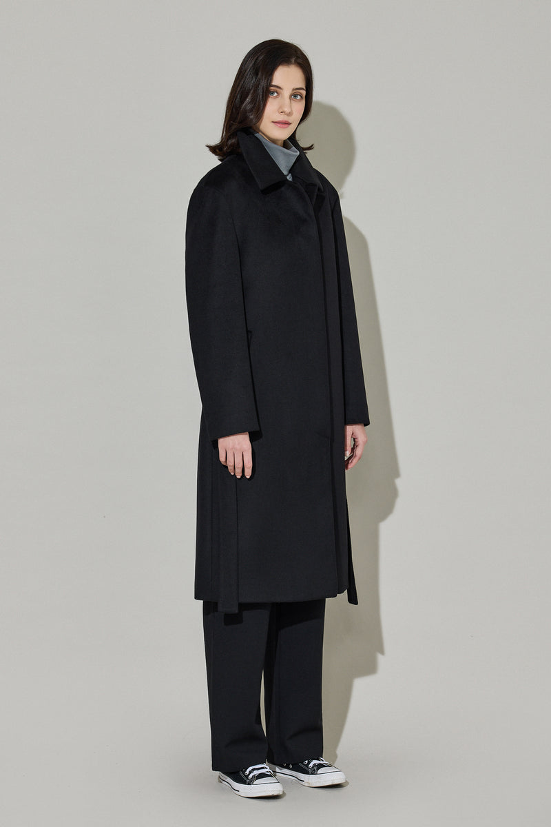 EDUARDO Women Belted Wool-Cashmere Single-Breasted Mac Balmacaan Long Coat.