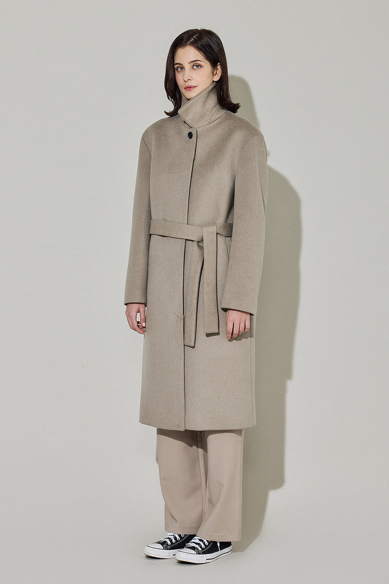 EDUARDO Women Belted Wool-Cashmere Single-Breasted Mac Balmacaan Long Coat.