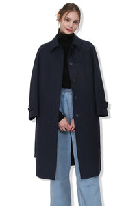 EDUARDO Trench Coat Women's Single-Breasted Belted Wool Blend with a Detachable Shirt Collar Flap- Dark Navy