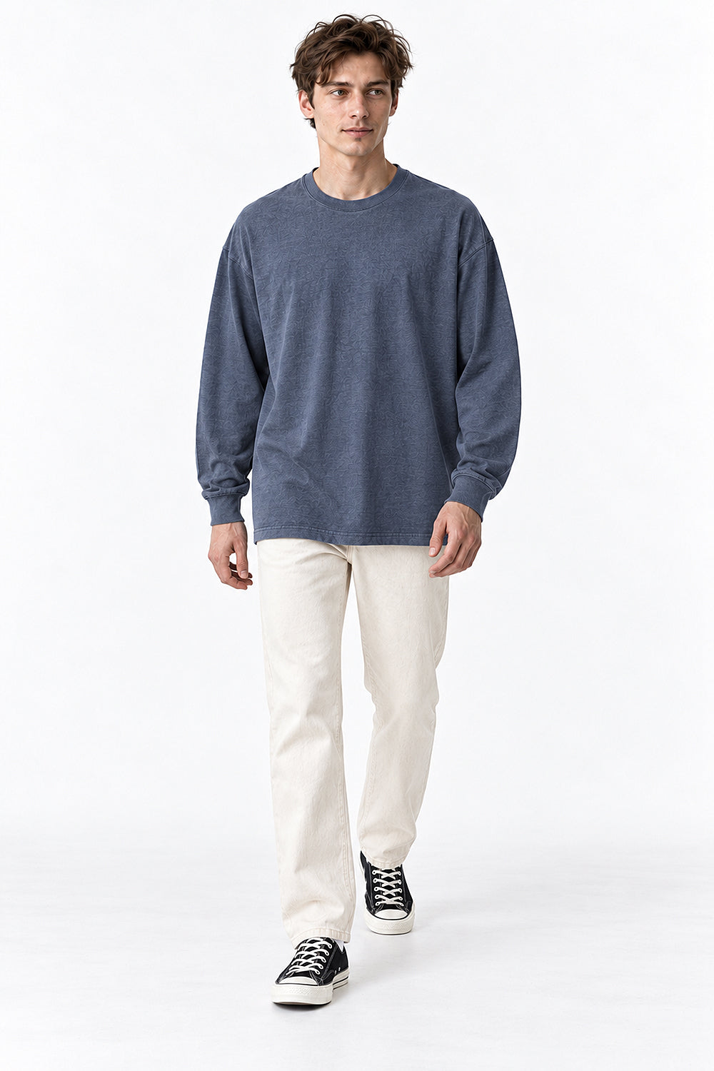 Men’s Oversized Pigment-Dyed Long-Sleeve T-Shirt with Ribbed Cuffs