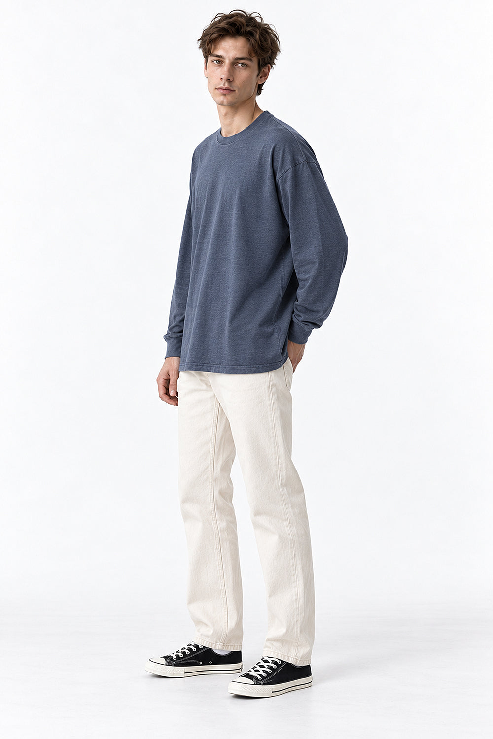 Men’s Oversized Pigment-Dyed Long-Sleeve T-Shirt with Ribbed Cuffs