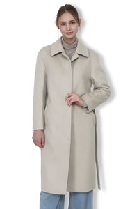 Eduardo Women Belted Wool-Cashmere Single-Breasted Mac Balmacaan Long Coat.- Ecru Gray