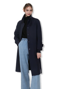 EDUARDO Trench Coat Women's Single-Breasted Belted Wool Blend with a Detachable Shirt Collar Flap- Dark Navy