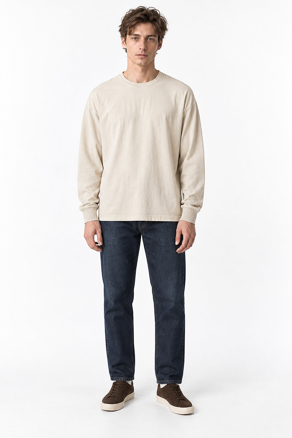 Men’s Oversized Pigment-Dyed Long-Sleeve T-Shirt with Ribbed Cuffs