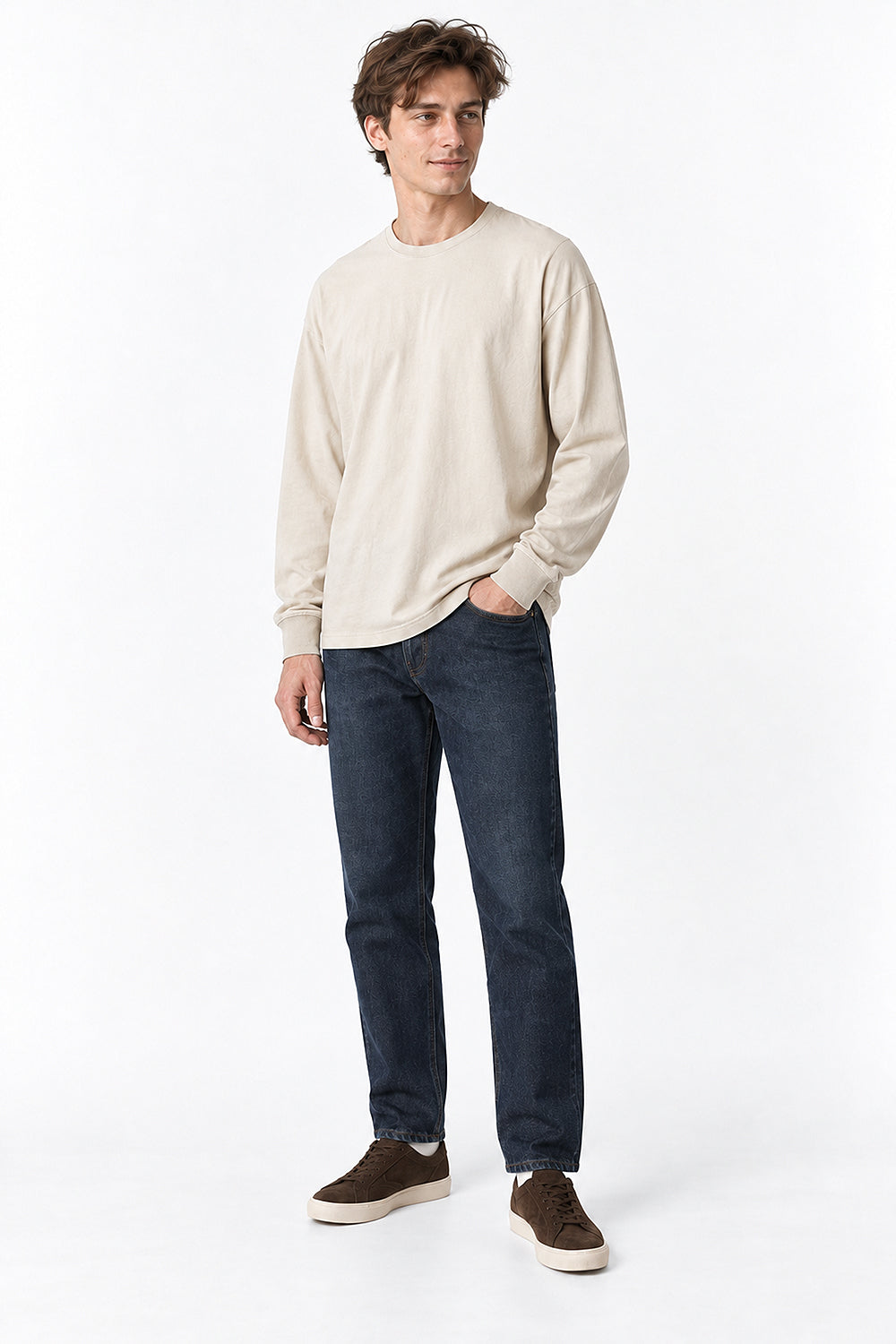 Men’s Oversized Pigment-Dyed Long-Sleeve T-Shirt with Ribbed Cuffs
