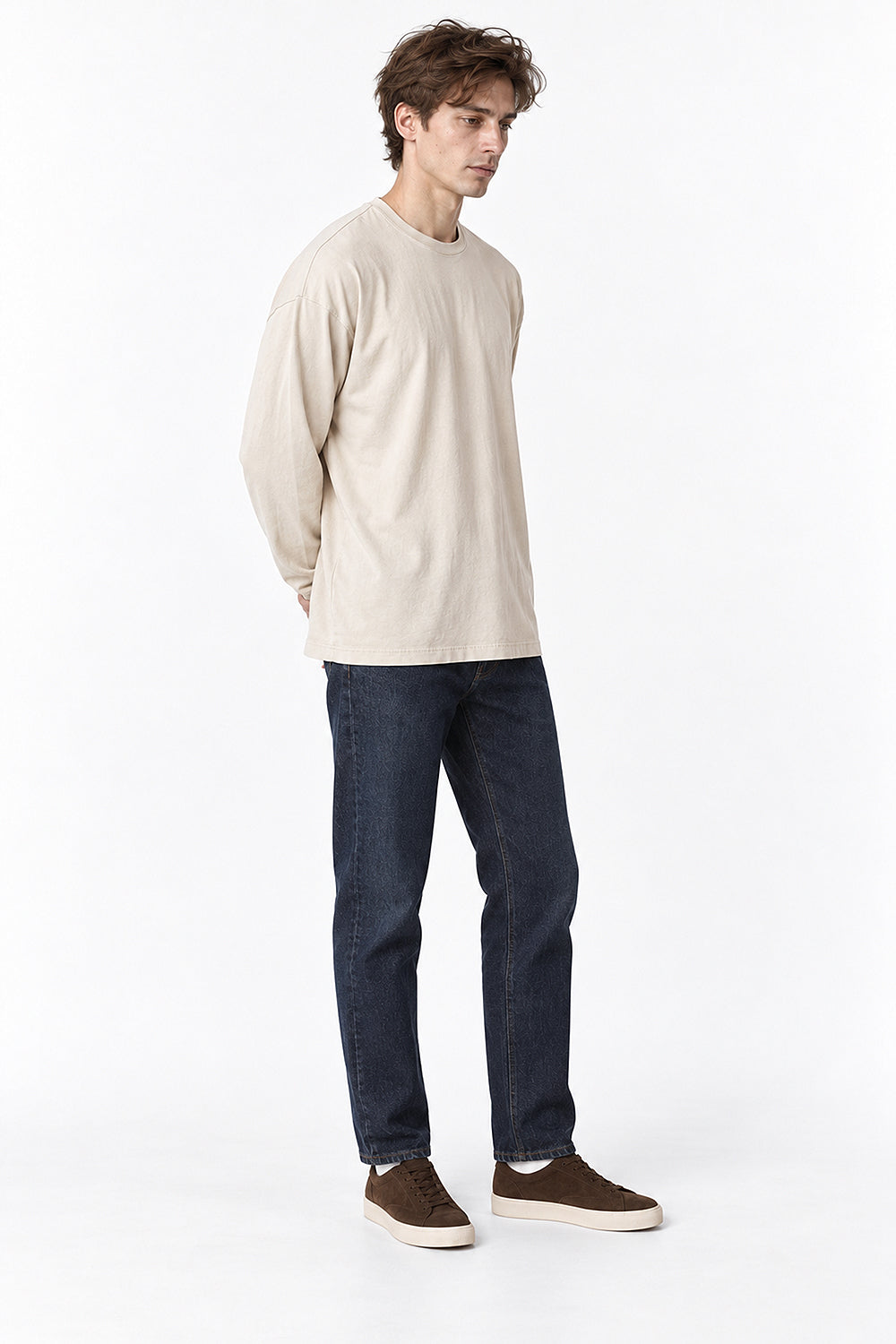Men’s Oversized Pigment-Dyed Long-Sleeve T-Shirt with Ribbed Cuffs