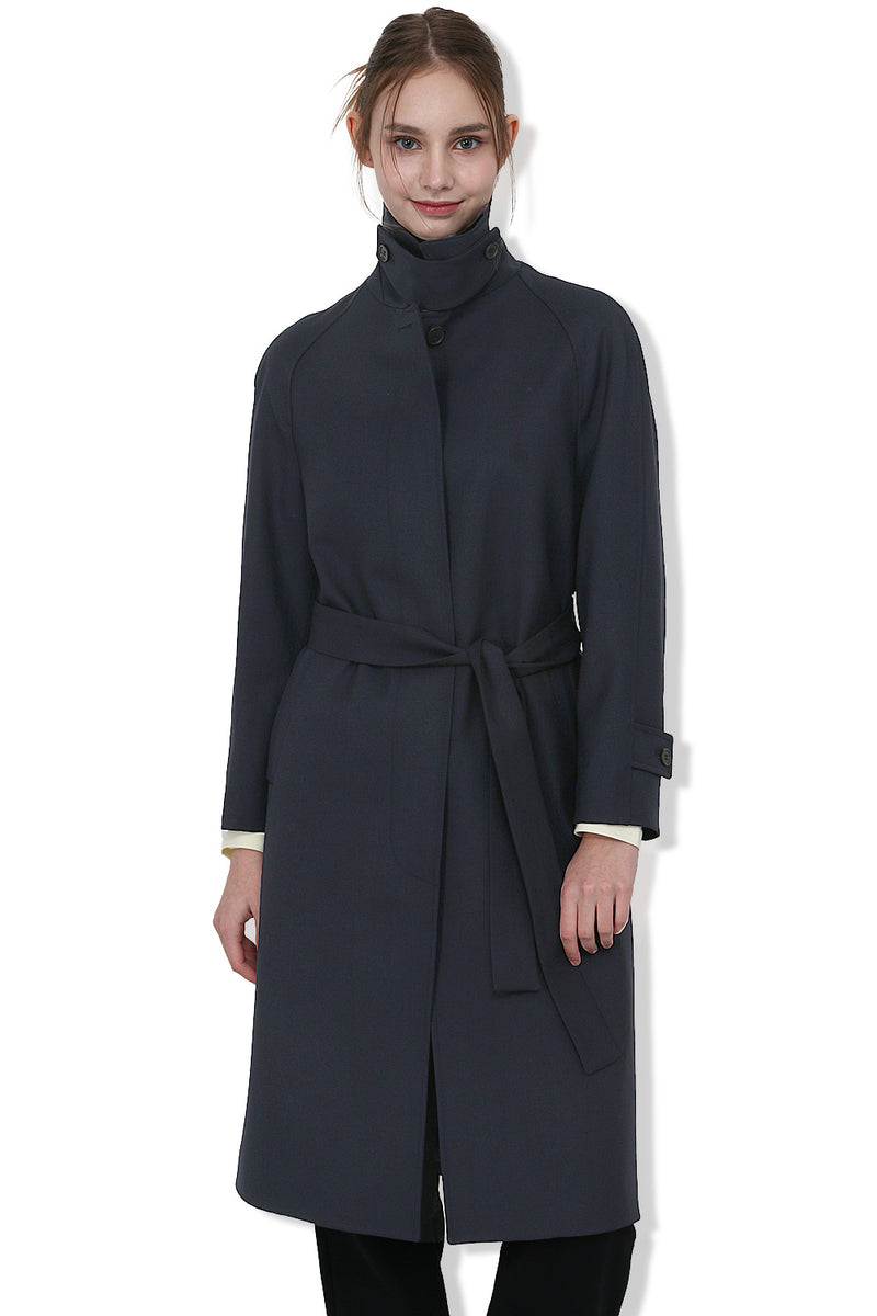 EDUARDO Trench Coat Women's Single-Breasted Belted Wool Blend with a Detachable Shirt Collar Flap- Dark Navy