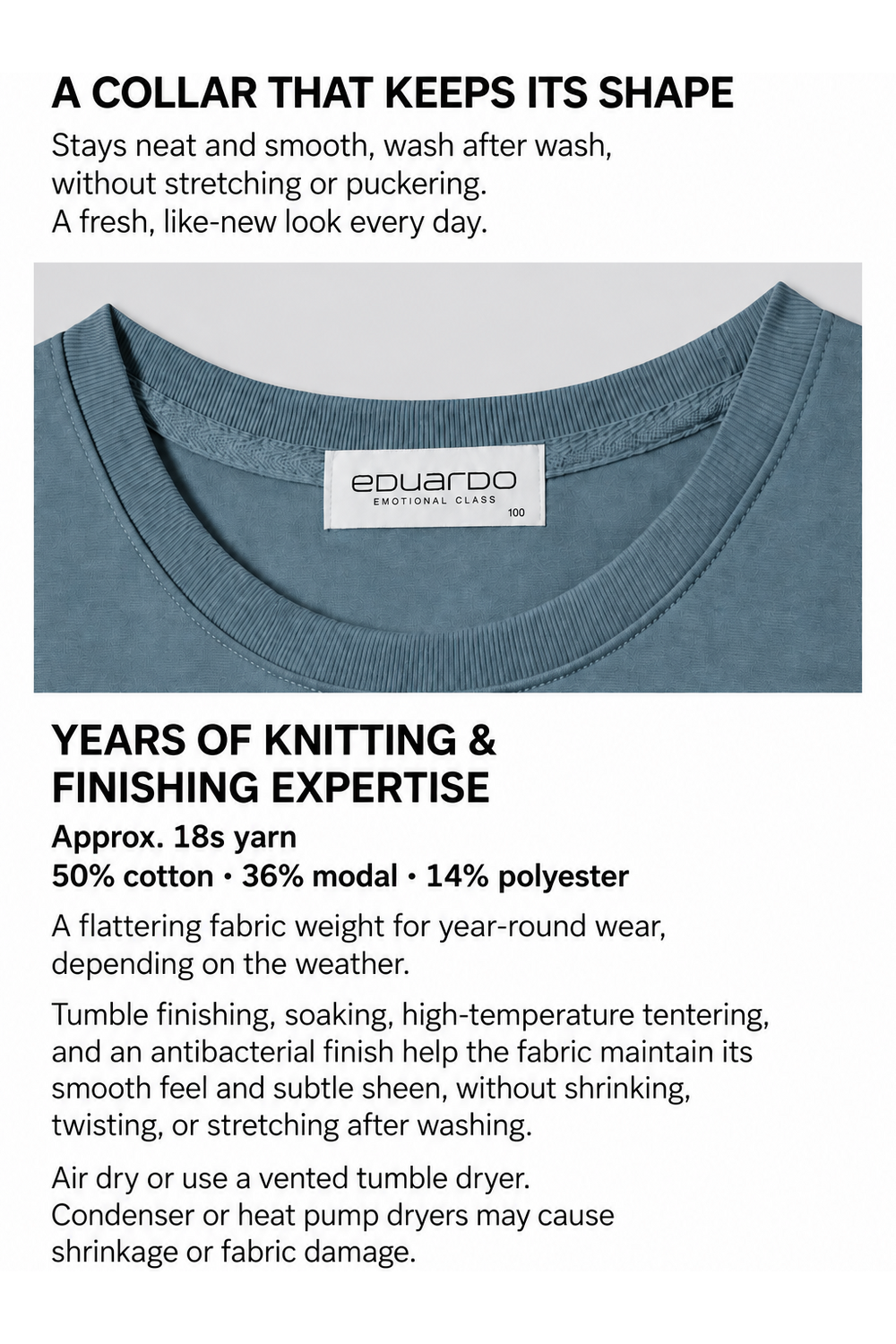 Easy fabric composition, collar construction and care