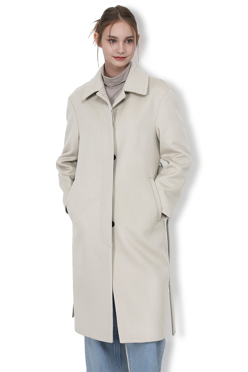 Eduardo Women Belted Wool-Cashmere Single-Breasted Mac Balmacaan Long Coat.- Ecru Gray