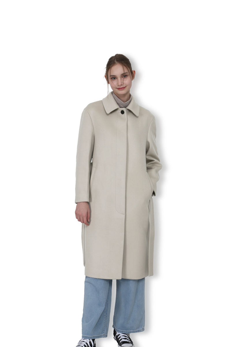 Eduardo Women Belted Wool-Cashmere Single-Breasted Mac Balmacaan Long Coat.- Ecru Gray