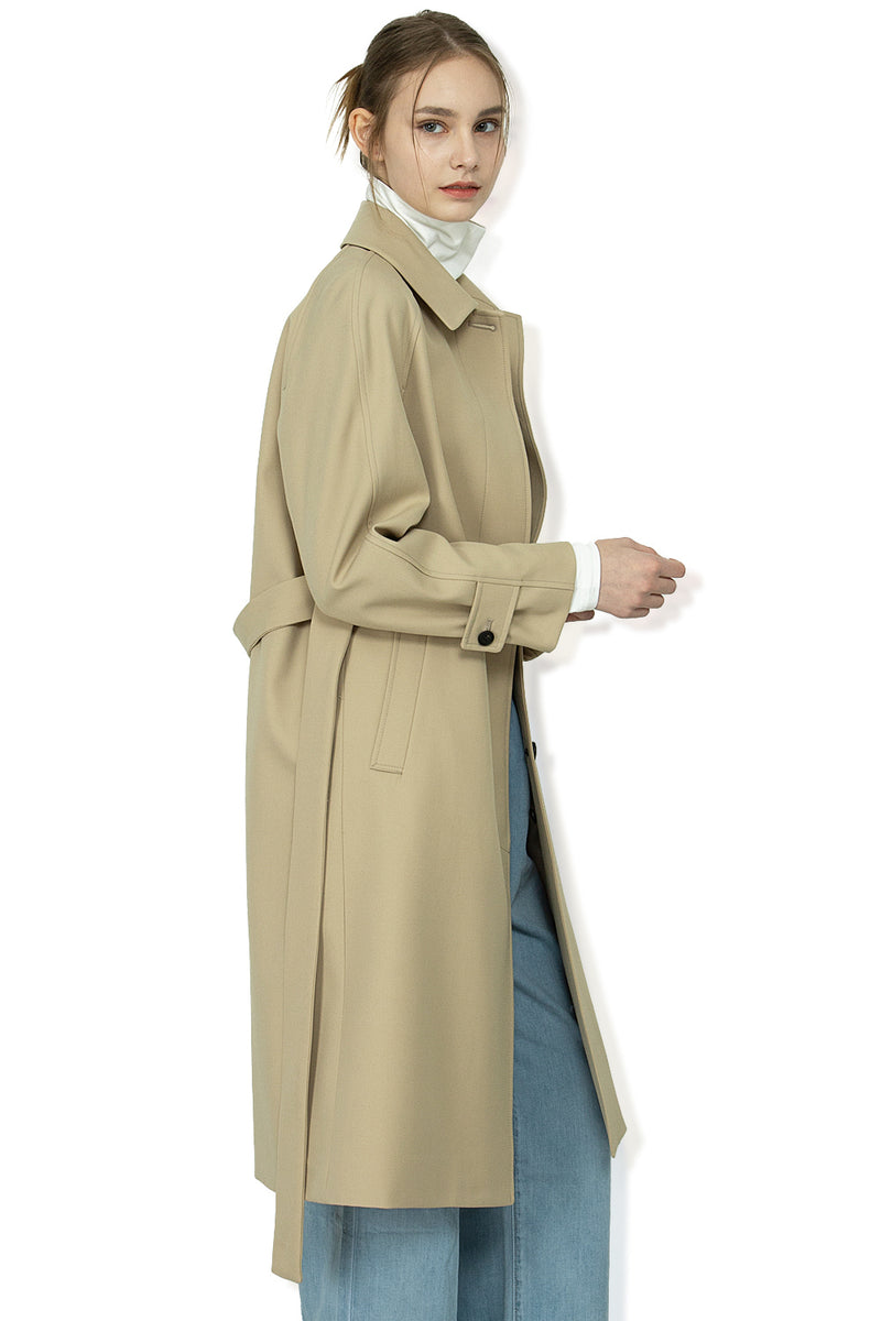 EDUARDO Trench Coat Women's Single-Breasted Belted Wool Blend with a Detachable Shirt Collar Flap.- Beige