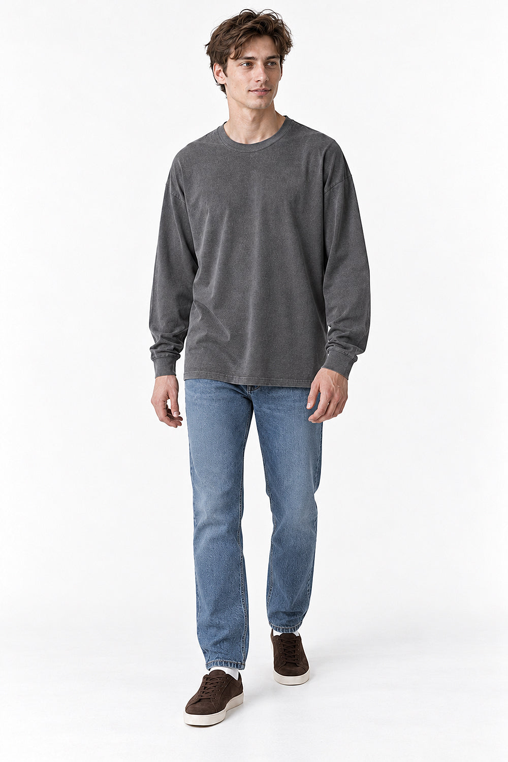 Men’s Oversized Pigment-Dyed Long-Sleeve T-Shirt with Ribbed Cuffs