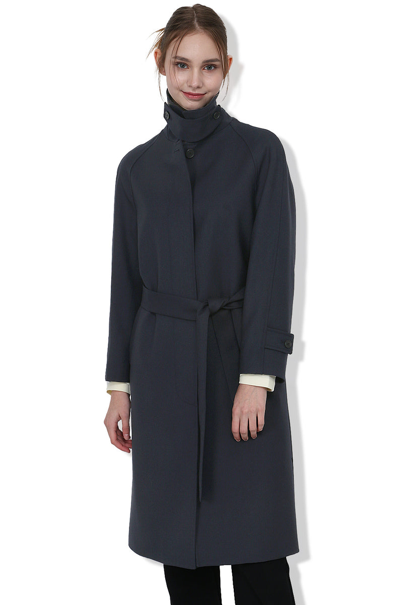 EDUARDO Trench Coat Women's Single-Breasted Belted Wool Blend with a Detachable Shirt Collar Flap- Dark Navy