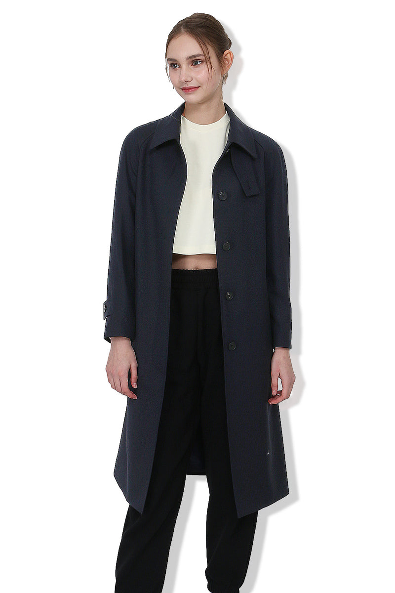 EDUARDO Trench Coat Women's Single-Breasted Belted Wool Blend with a Detachable Shirt Collar Flap- Dark Navy