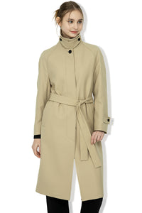 EDUARDO Trench Coat Women's Single-Breasted Belted Wool Blend with a Detachable Shirt Collar Flap.- Beige