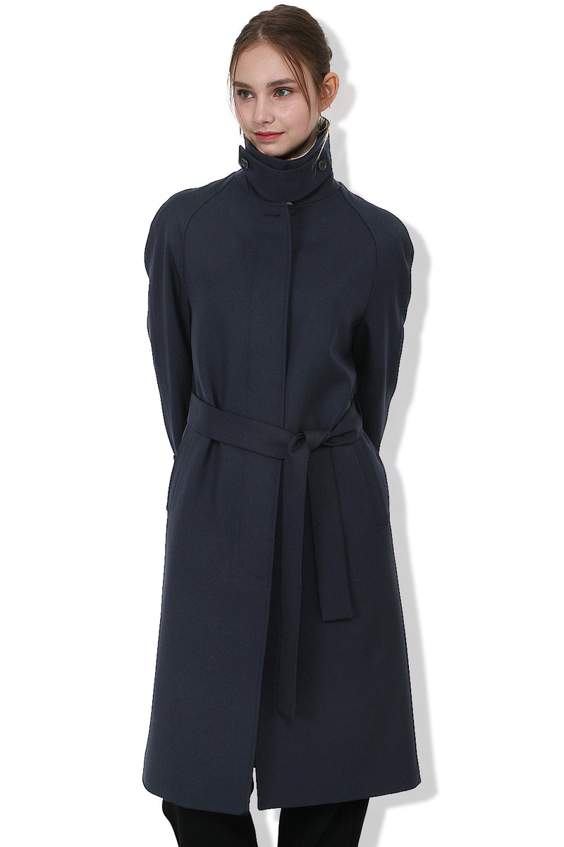 EDUARDO Trench Coat Women's Single-Breasted Belted Wool Blend with a Detachable Shirt Collar Flap- Dark Navy