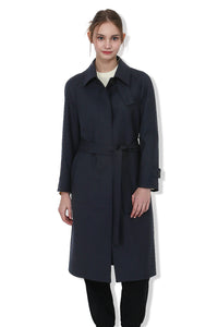 EDUARDO Trench Coat Women's Single-Breasted Belted Wool Blend with a Detachable Shirt Collar Flap- Dark Navy