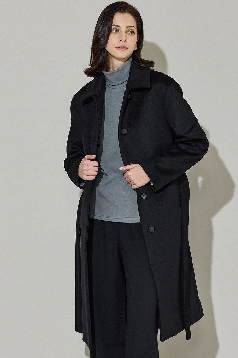 EDUARDO Women Belted Wool-Cashmere Single-Breasted Mac Balmacaan Long Coat.