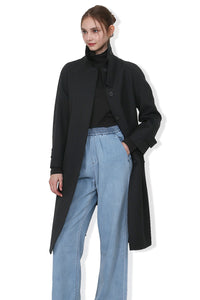 EDUARDO Trench Coat Women's Single-Breasted Belted Wool Blend with a Detachable Shirt Collar Flap.- Black