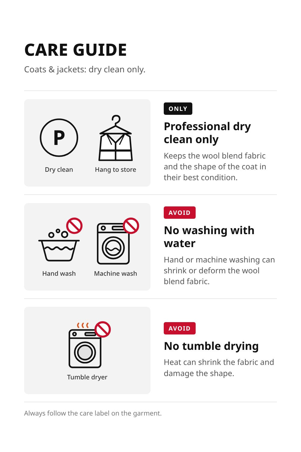 Care guide: dry clean only. Do not wash with water or tumble dry
