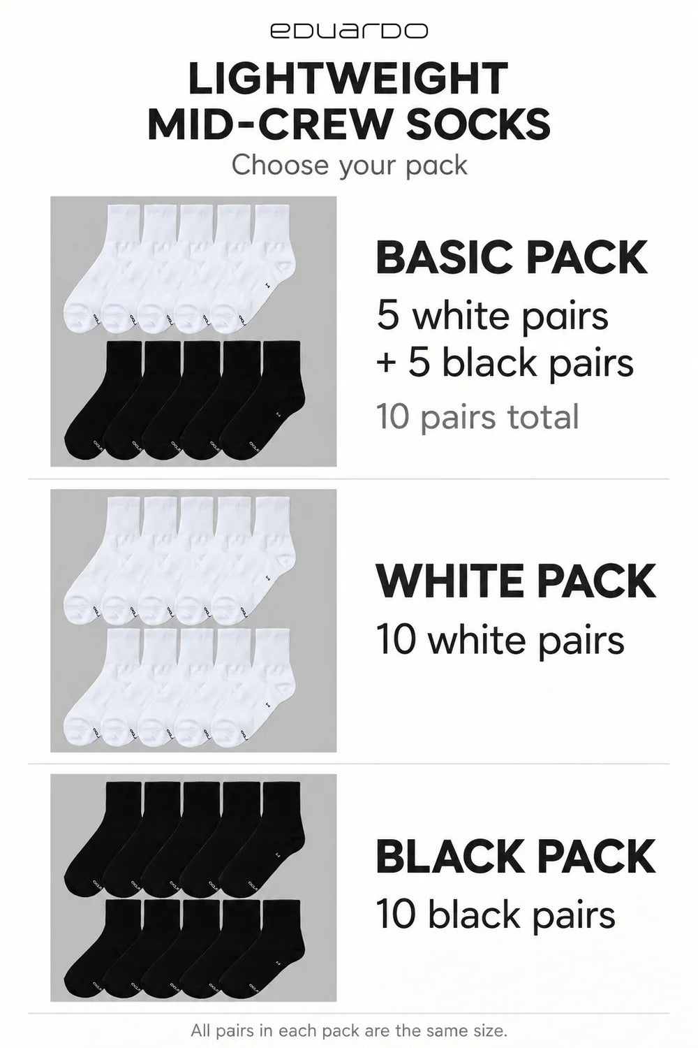 Unisex Lightweight Mid-Crew Socks – pack guide