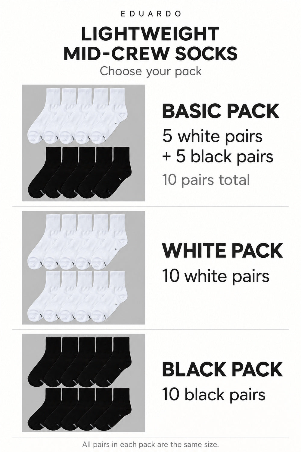 Unisex Lightweight Mid-Crew Socks – 10-Pair Pack