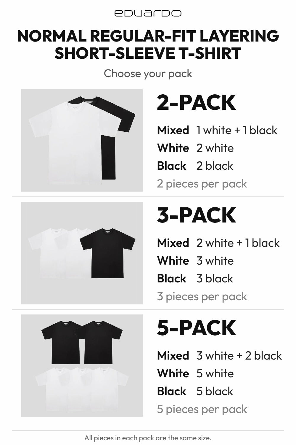 Men’s Normal Regular-Fit Layering Short-Sleeve T-Shirt – Easy Multipack – pack guide