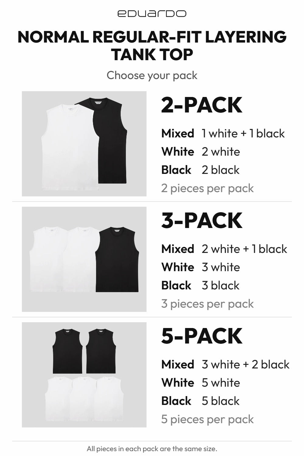 Men’s Normal Regular-Fit Layering Tank Top – Easy Multipack – pack guide