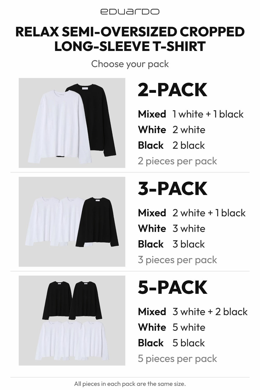 Men’s Relax Semi-Oversized Cropped Long-Sleeve T-Shirt – Classic Multipack – pack guide