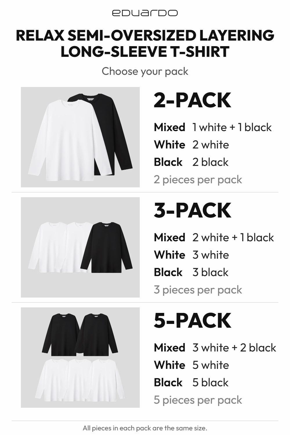 Men’s Relax Semi-Oversized Layering Long-Sleeve T-Shirt – Easy Multipack – pack guide