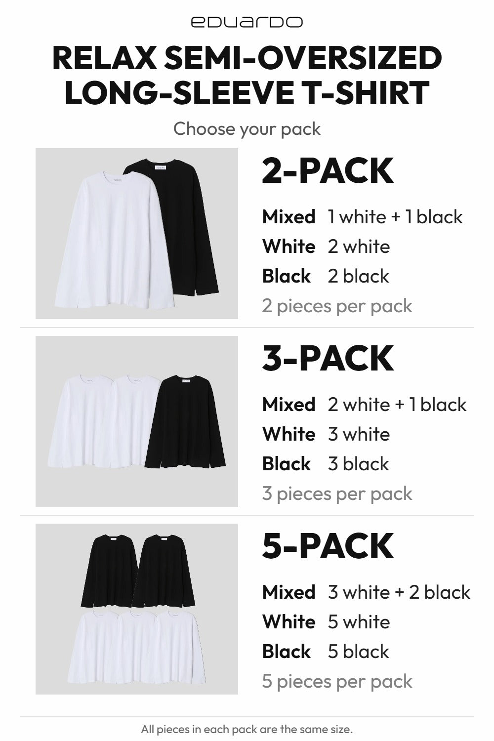 Men’s Relax Semi-Oversized Long-Sleeve T-Shirt – Classic Multipack – pack guide