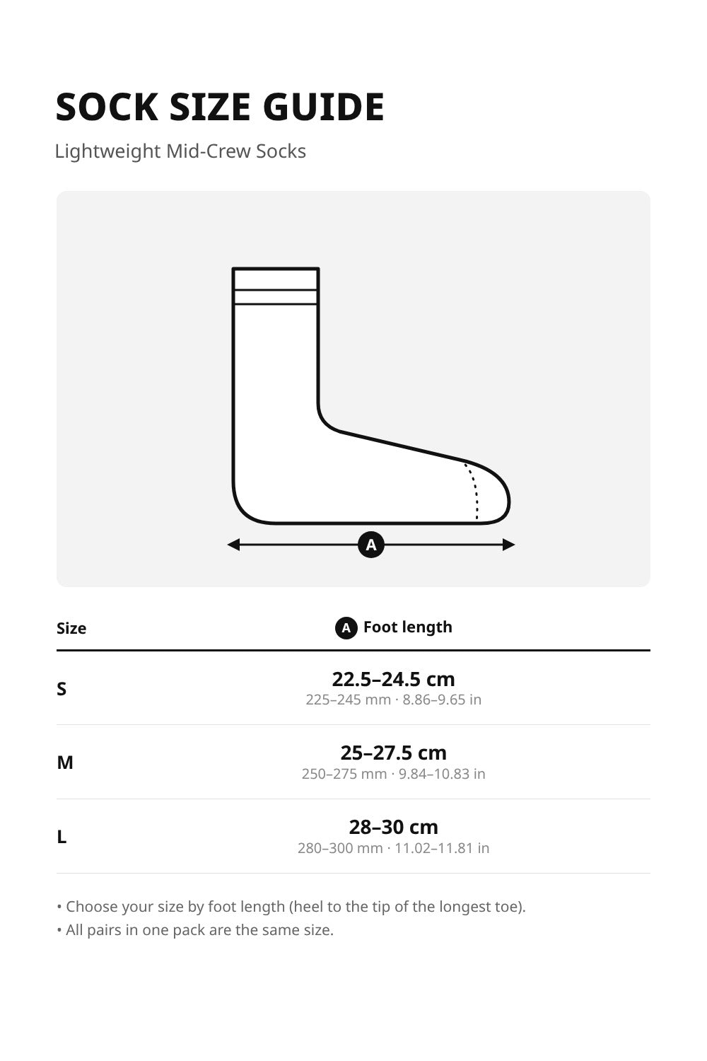 Unisex Lightweight Mid-Crew Socks – 10-Pair Pack – size guide