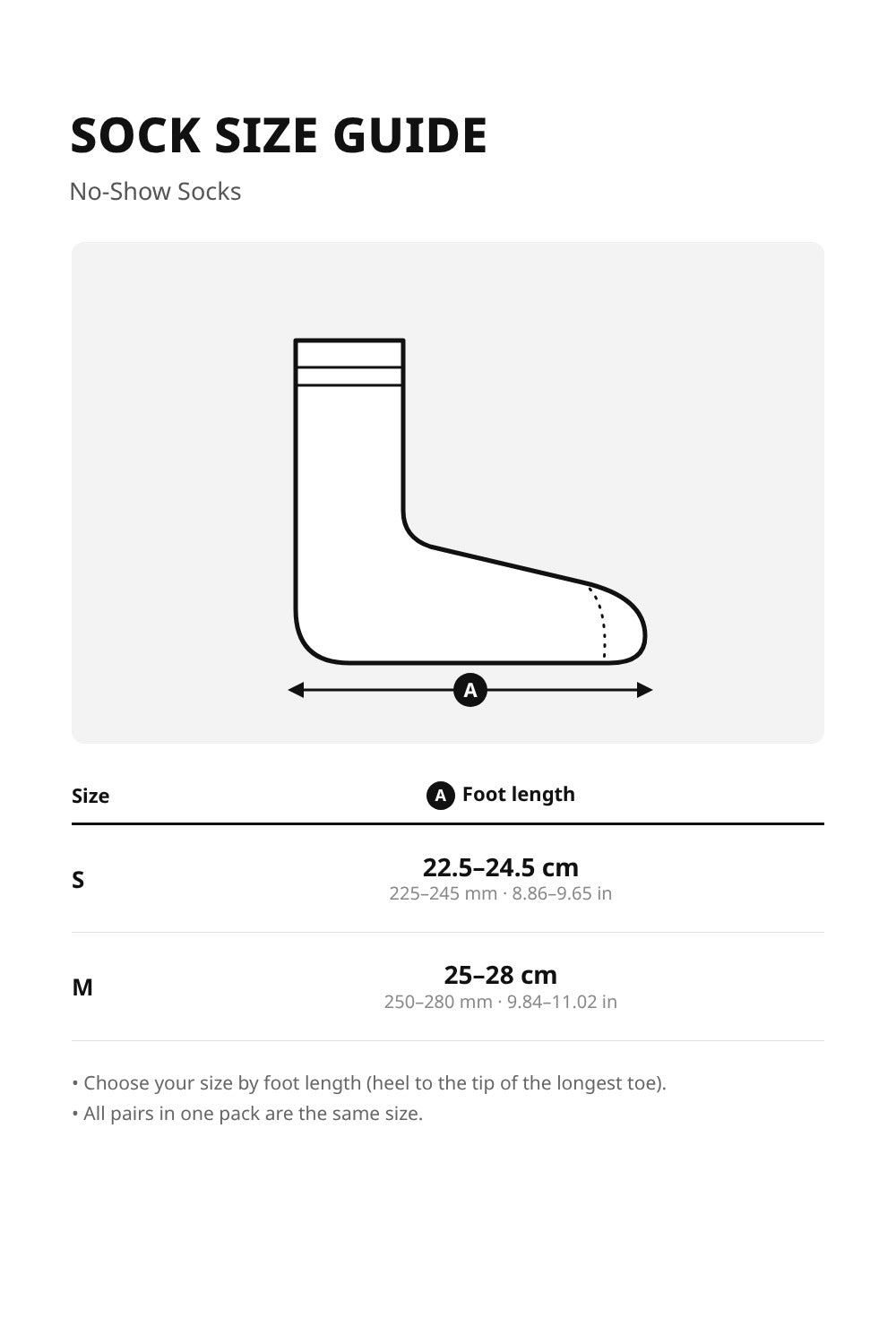 Unisex No-Show Socks – 10-Pair Pack – size guide