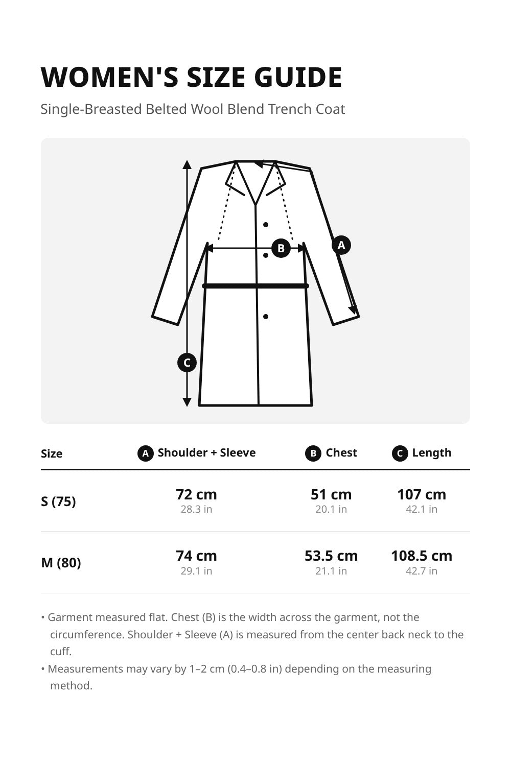 Trench Coat Women's Single-Breasted Belted Wool Blend with a Detachable Shirt Collar Flap.- Black – size guide