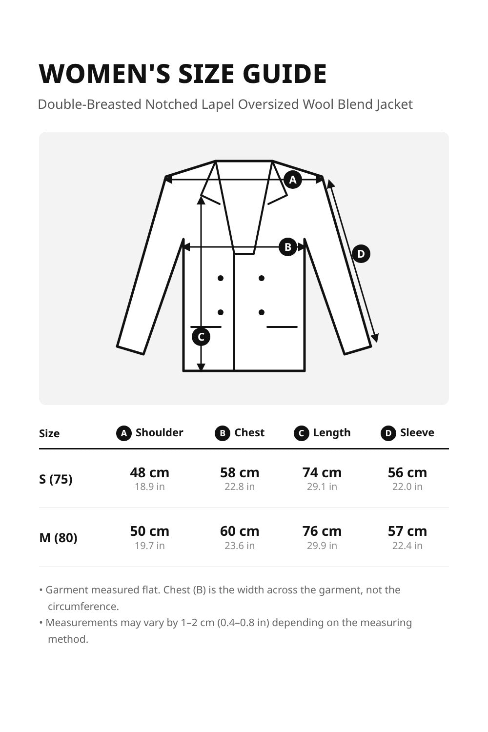 Double-Breasted Notched Lapel Oversized Wool Blend Women's Jacket. – size guide