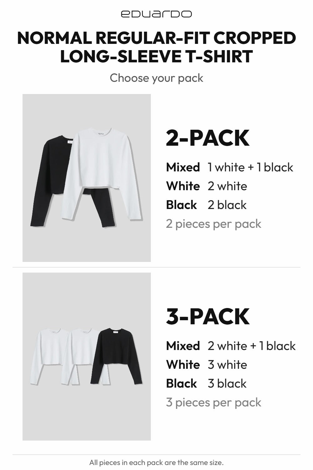Women’s Normal Regular-Fit Cropped Long-Sleeve T-Shirt – Classic Multipack – pack guide