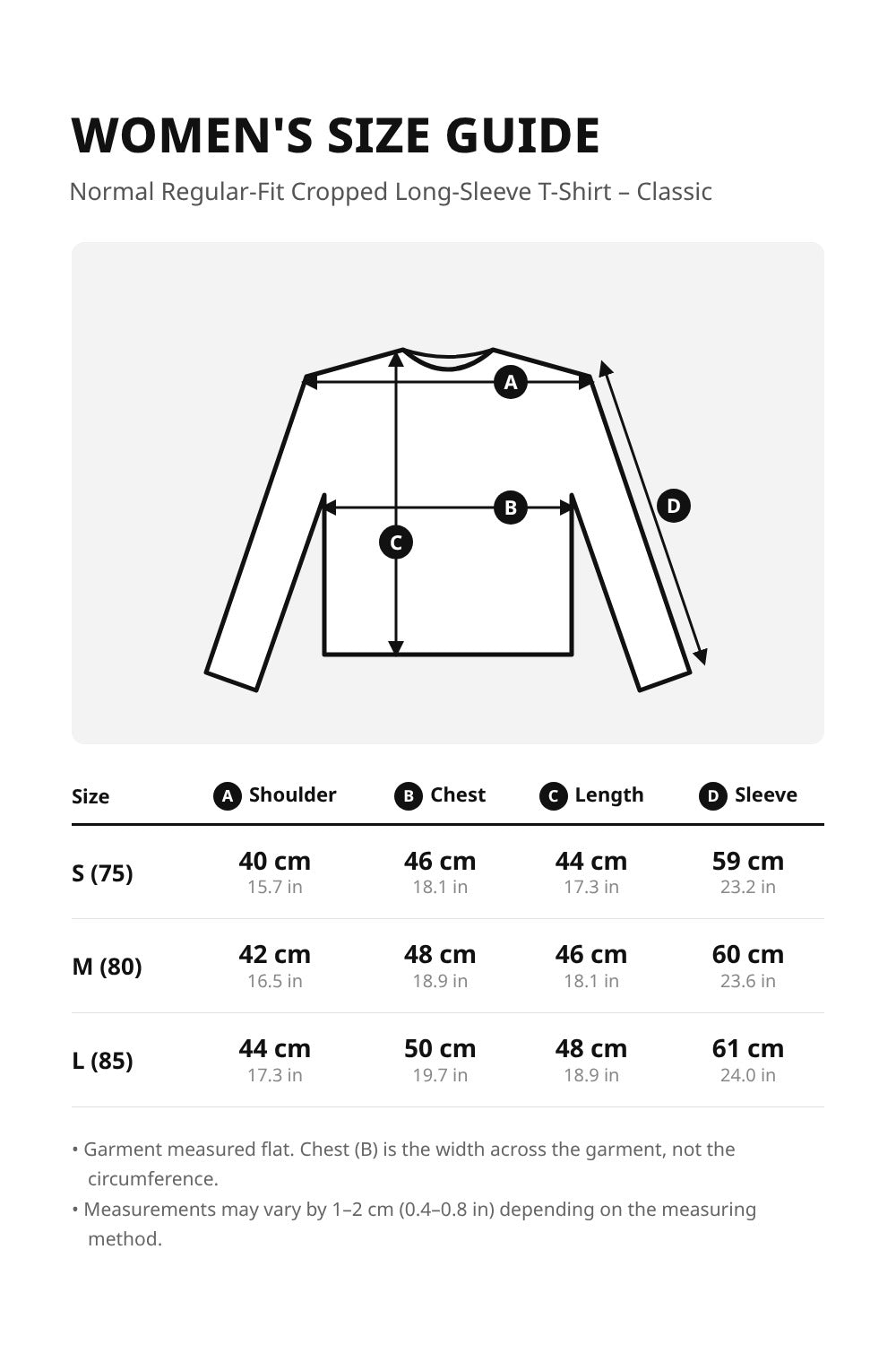 Casual Mid Weight Women's Long Sleeve Crop Top Shirts. – size guide