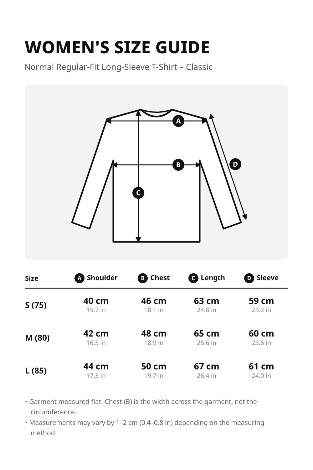 Women's Cotton Blend, Normal Fit, Crew T-Shirt, Long Sleeves. – size guide