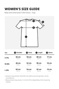 Women Summer Casual Short Sleeve Crewneck T-Shirt Dress Semi over Fit. (Cool Cotton Modal Blend) – size guide