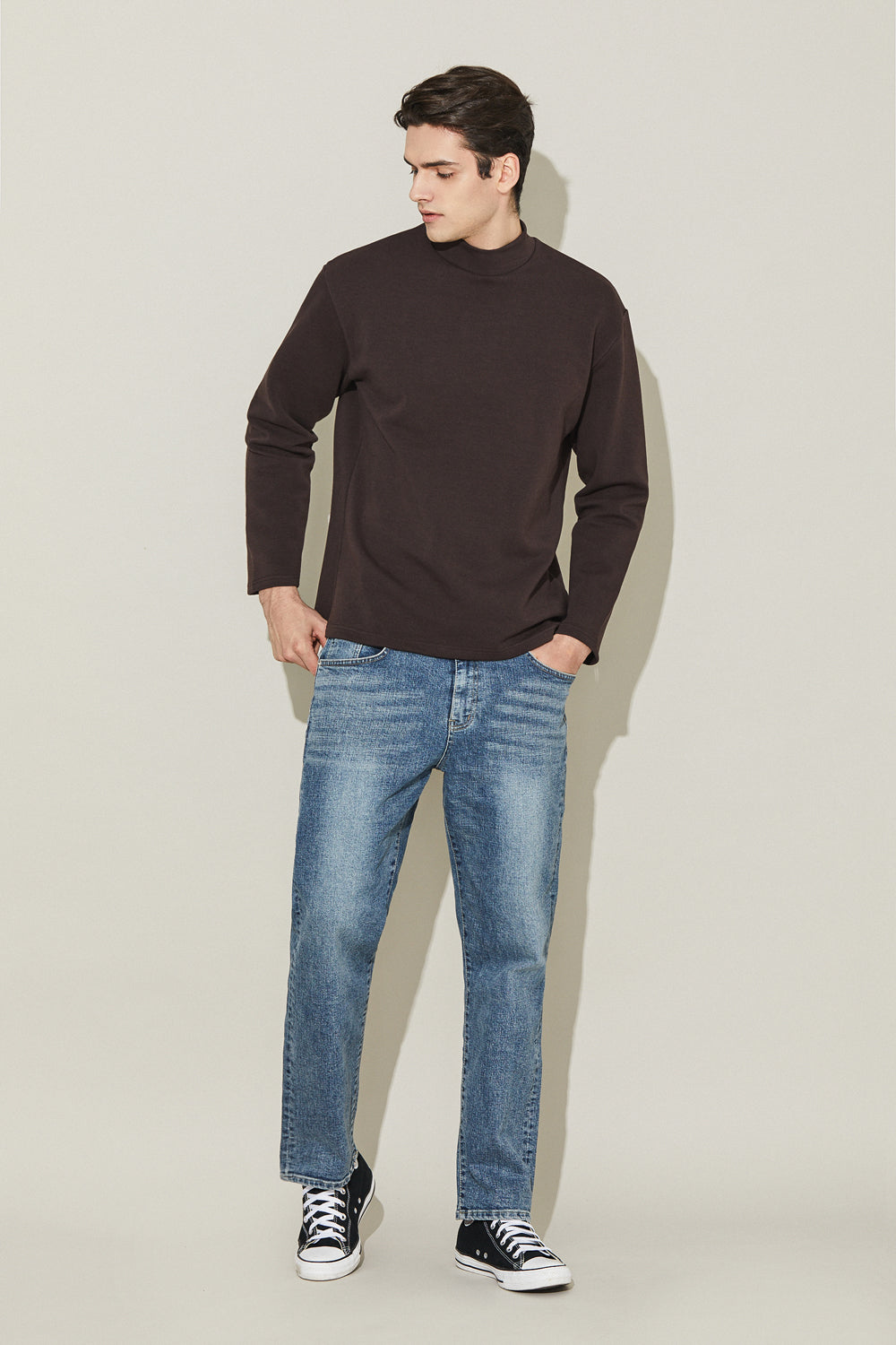 EDUARDO Men's Long Sleeve Semi-Over Fit Brushed Heavy Cotton Blend Mock  Neck Top.